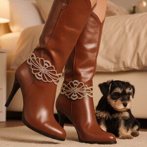 NEW Women Gold Boot Chain Shoe Bracelet Anklet Fancy Flower Bling Charm PAIR